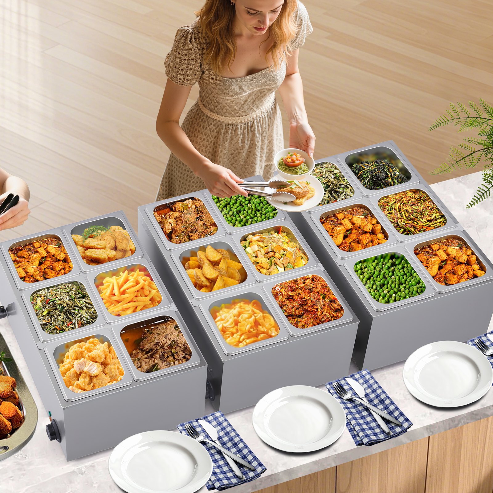 VEVOR Scaldavivande Commerciale da Banco Scaldavivande Elettrico a Vapore con 6 Contenitori (Dimensione 1/6) 1200 W in Acciaio Inox Temperatura tra 30 e 80 °C per Catering, Buffet Feste