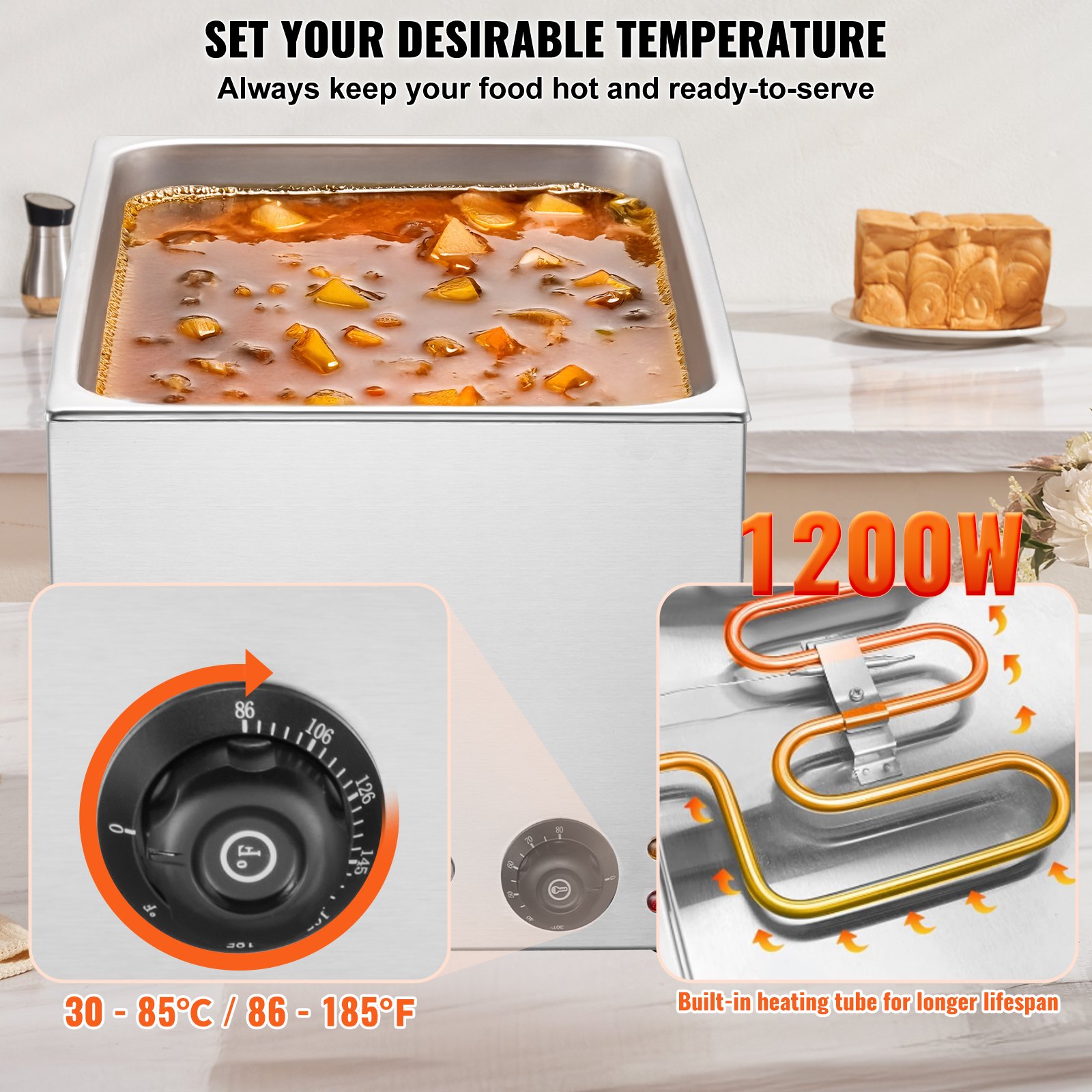 VEVOR Scaldavivande Commerciale 18 L Scaldavivande Elettrico da Tavolo a Vapore da 1200 W Scaldavivande da Tavolo in Acciaio Inossidabile da Lavoro, Controllo della Temperatura da 30-85 °C Argento