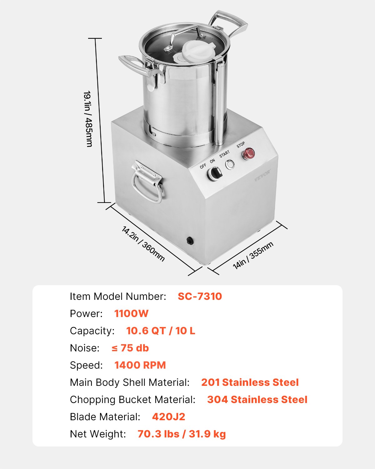 VEVOR Food Processor Vegetable Chopper, 10 L Food Processor made of food-grade stainless steel with 2 additional S-curve blades, multifunctional for chopping vegetables, fruit, grains, and nuts