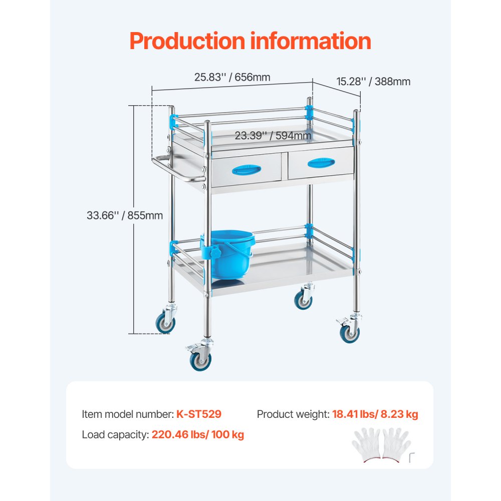 VEVOR Carrello di servizio da laboratorio in acciaio inox a 2 strati, Carrello medico, Carrello di servizio dentale con ruote bloccabili e secchio, per laboratorio, ospedale, uso dentale
