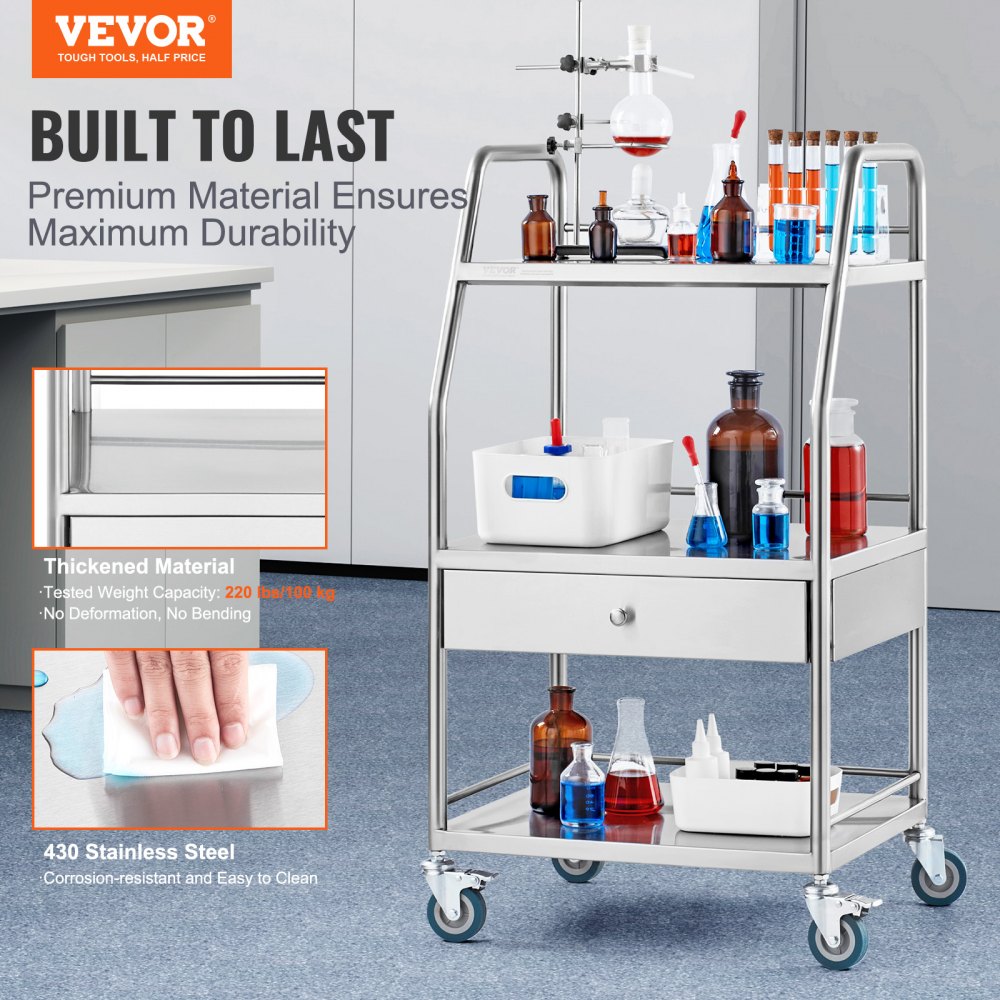 VEVOR Laboratory Serving Trolley, 3-Tier Stainless Steel Rolling Trolley, Medical Trolley with Drawer, Dental Trolley with Lockable Wheels, for Laboratory, Hospital, Dentist, Dental Lab