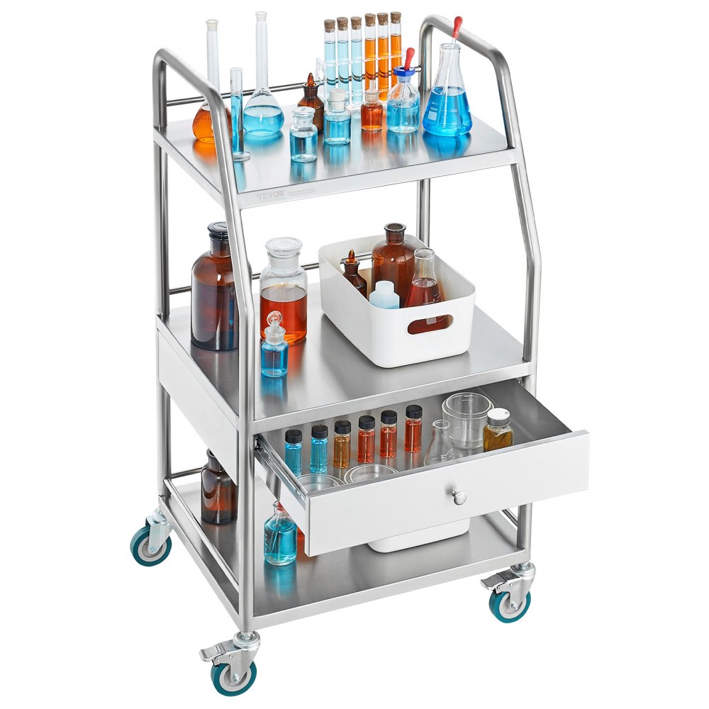 VEVOR Laboratory Serving Trolley, 3-Tier Stainless Steel Rolling Trolley, Medical Trolley with Drawer, Dental Trolley with Lockable Wheels, for Laboratory, Hospital, Dentist, Dental Lab