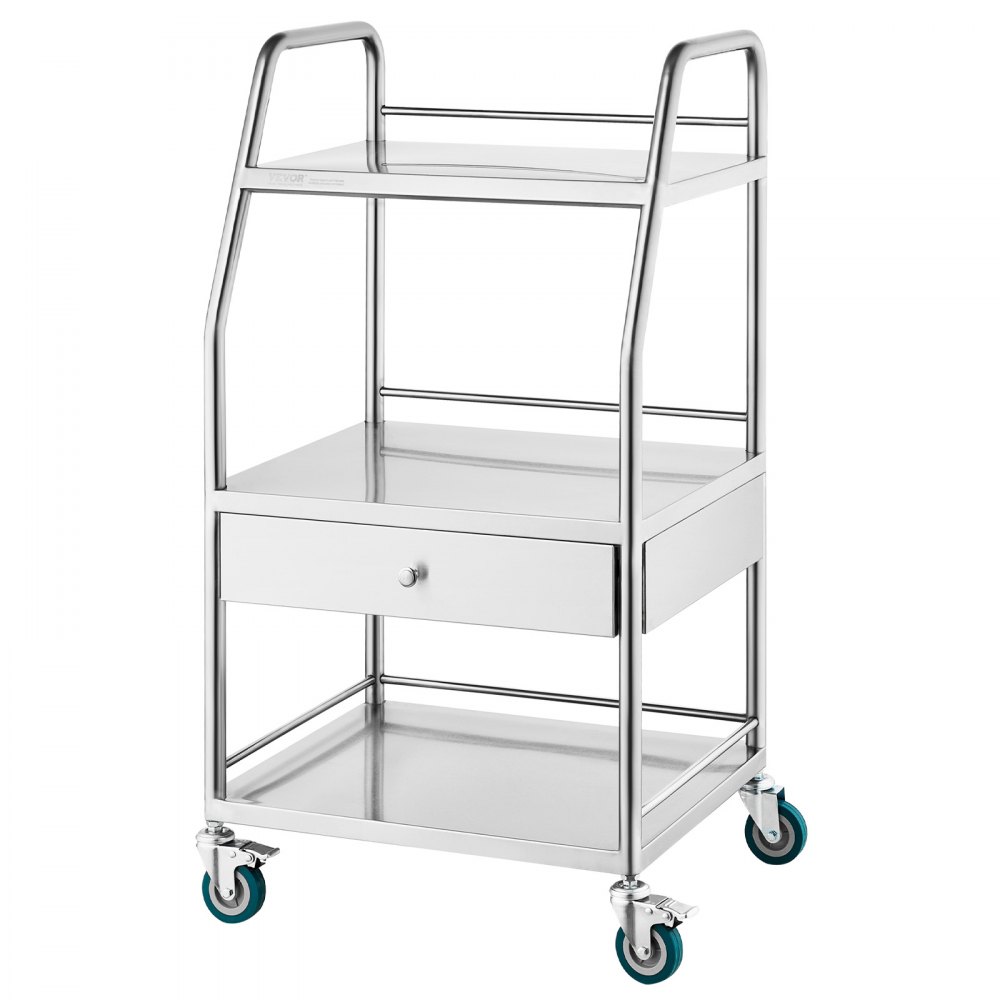 VEVOR Laboratory Serving Trolley, 3-Tier Stainless Steel Rolling Trolley, Medical Trolley with Drawer, Dental Trolley with Lockable Wheels, for Laboratory, Hospital, Dentist, Dental Lab