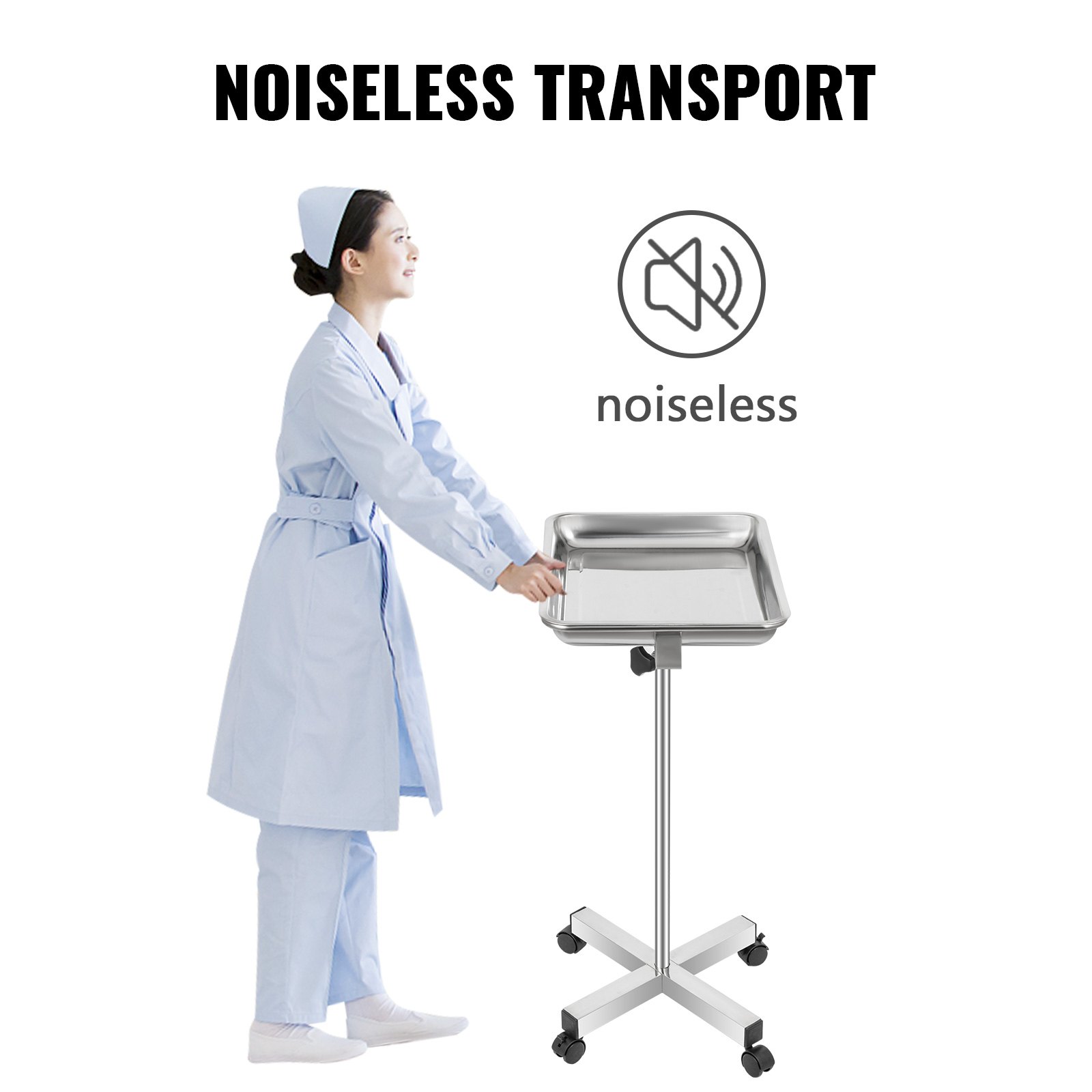 VEVOR Carrello di Acciaio del Vassoio, Altezza 82-130cm Carrello Parrucchiere, 42 x 34 cm Carrello Supporto Chirurgico Medico del Vassoio, con 4 Ruote in Nylon, Usato per Salone, Cliniche o Tatuaggi