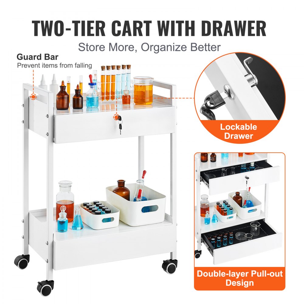 VEVOR Laboratory Trolley, 2-Tier Stainless Steel All-Purpose Trolley, Medical Trolley with 2 Drawers, Rolling Laboratory Trolley, White Serving Trolley with Swivel Casters for Laboratory, Hospital, Dental Practice, Salon, etc.