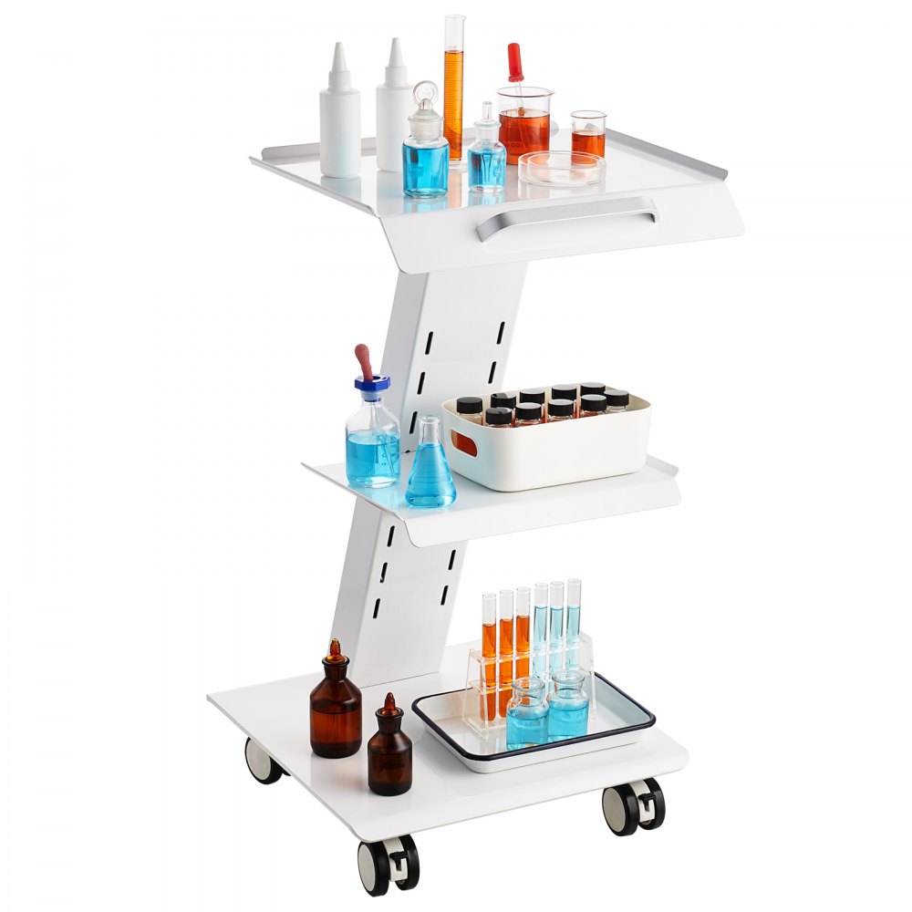 VEVOR Laboratory Trolley, Medical Service Trolley with Integrated Power Outlet, Mobile Dessert Trolley made of 3-Layer Metal, with Swivel Wheels, Load Capacity 100 kg, for Laboratory, Clinic, Beauty Salon, Salon