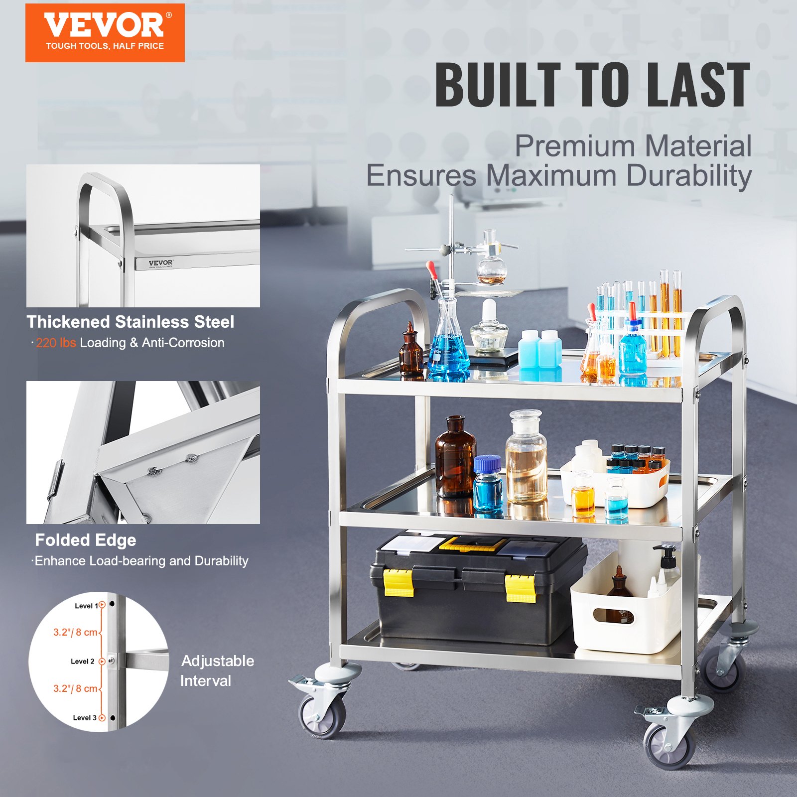 VEVOR Carrello da Laboratorio in Acciaio Inox 3 Ripiani Capacità Carico Totale Massima 100kg, Carrello Sanitario in Acciaio Inox 201 740 x 396 x 860 mm, Carrello per Medicazione da Laboratorio 3 Piani