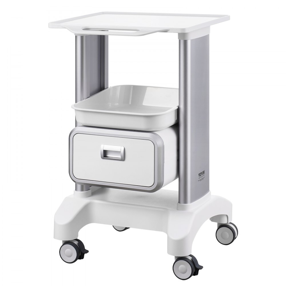 VEVOR Carrelli da Laboratorio a 2 Ripiani con 1 Cassetto 1 Vassoio Superiore 4 Ruote, Carrello Medico Mobile Materiale ABS Consilenziose, Carrelli per Laboratorio, Clinica, Ospedale, Salone, Bianco