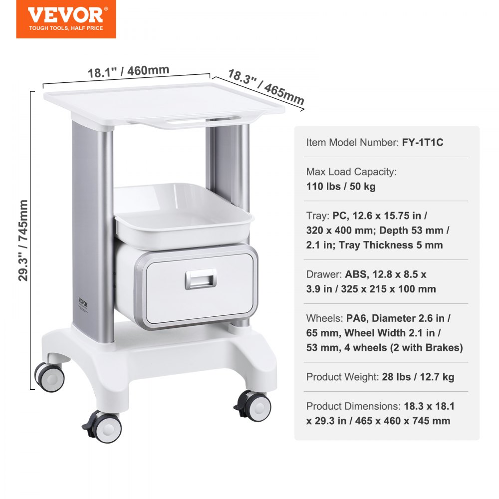 VEVOR 2-Tier Laboratory Trolley, 1 Drawer and 1 Top Tray, Mobile Medical Trolley Made of ABS Material, Laboratory Trolley with 4 Quiet Wheels for Laboratory, Clinic, Hospital, Salon, White