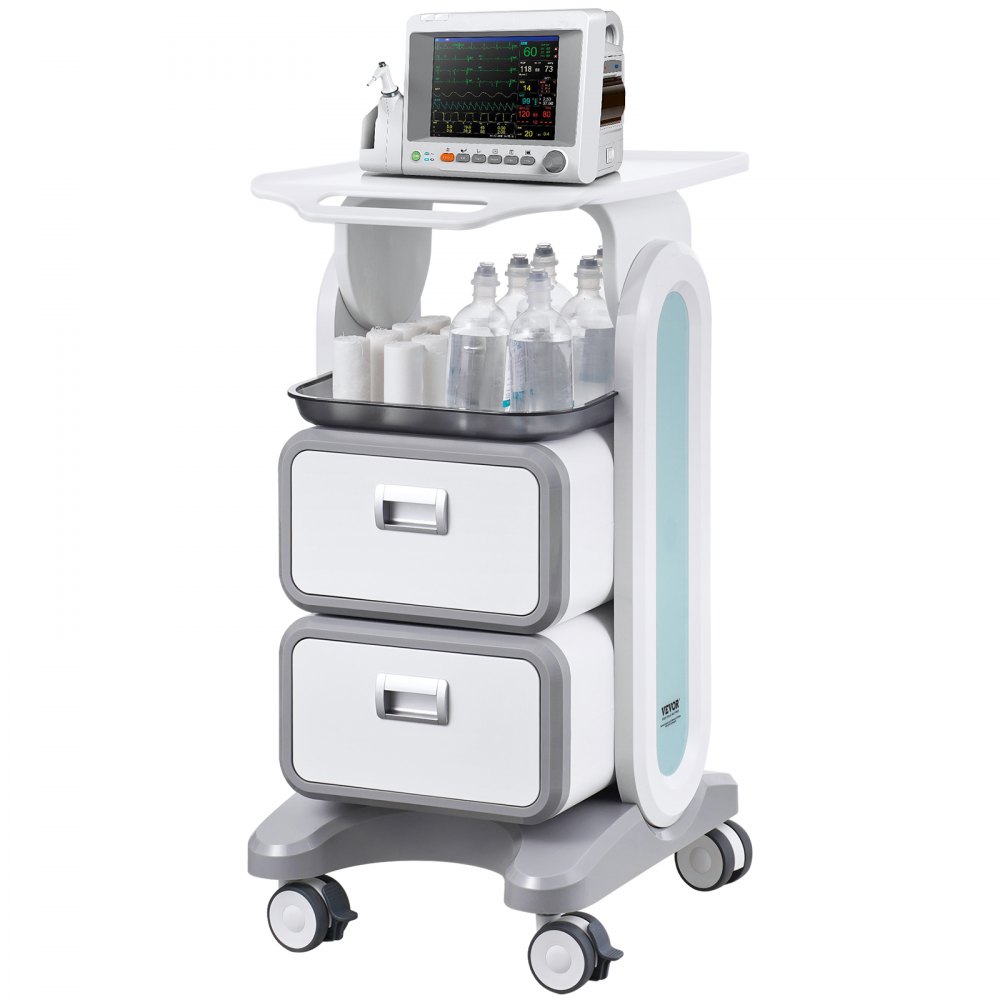 VEVOR Carrello da Laboratorio da 3 Ripiani, Carrello Portaoggetti Medico Mobile con 2 Cassetti 1 Vassoio, Carrello Servizio in Materiale ABS, con 4 Ruote per Laboratorio, Clinica, Ospedale, Salone