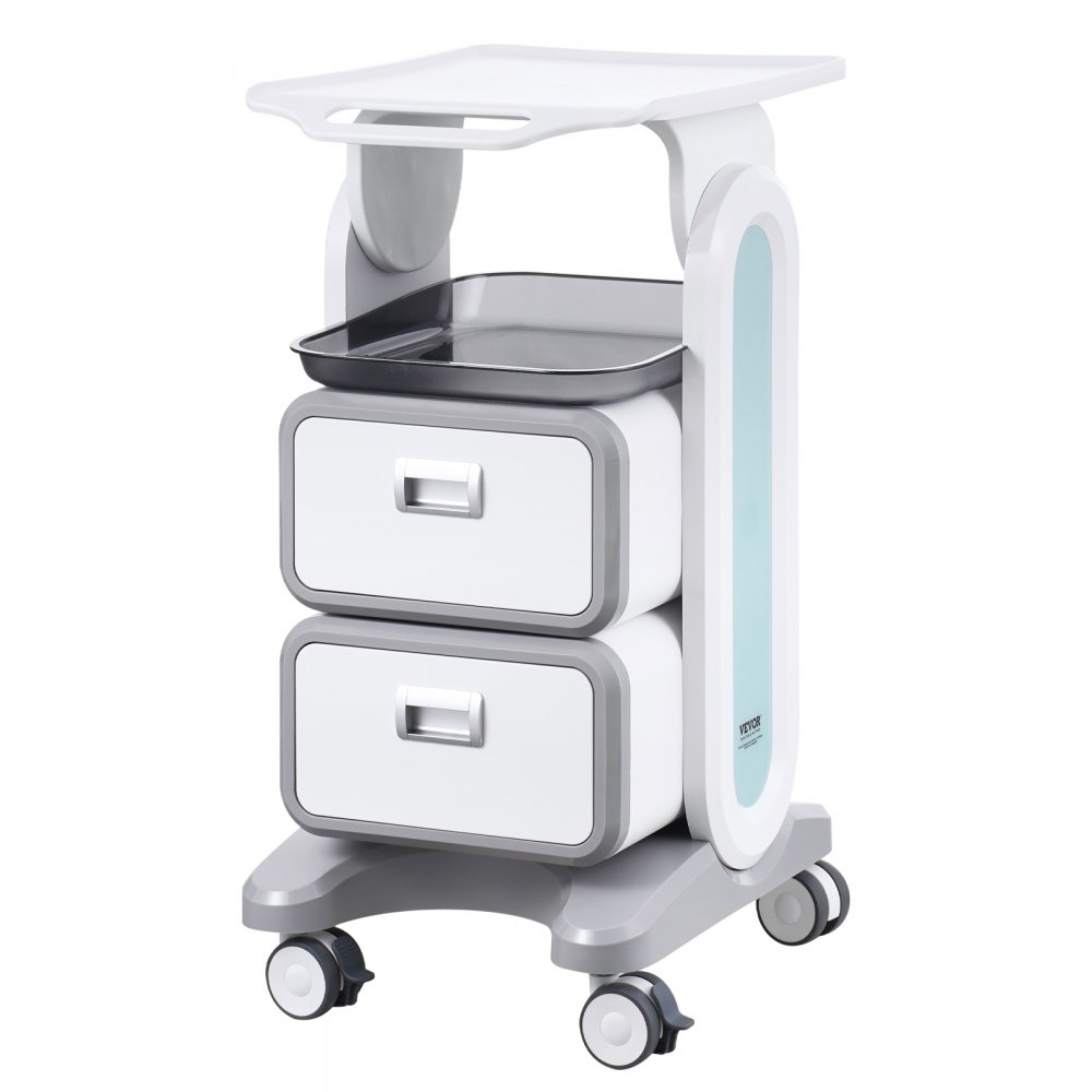 VEVOR 3-Tier Laboratory Trolley, 2 Drawers and 1 Top Shelf, Mobile Medical Trolley Made of ABS Material, Laboratory Trolley with 4 Quiet Wheels for Laboratory, Clinic, Hospital, Salon, White