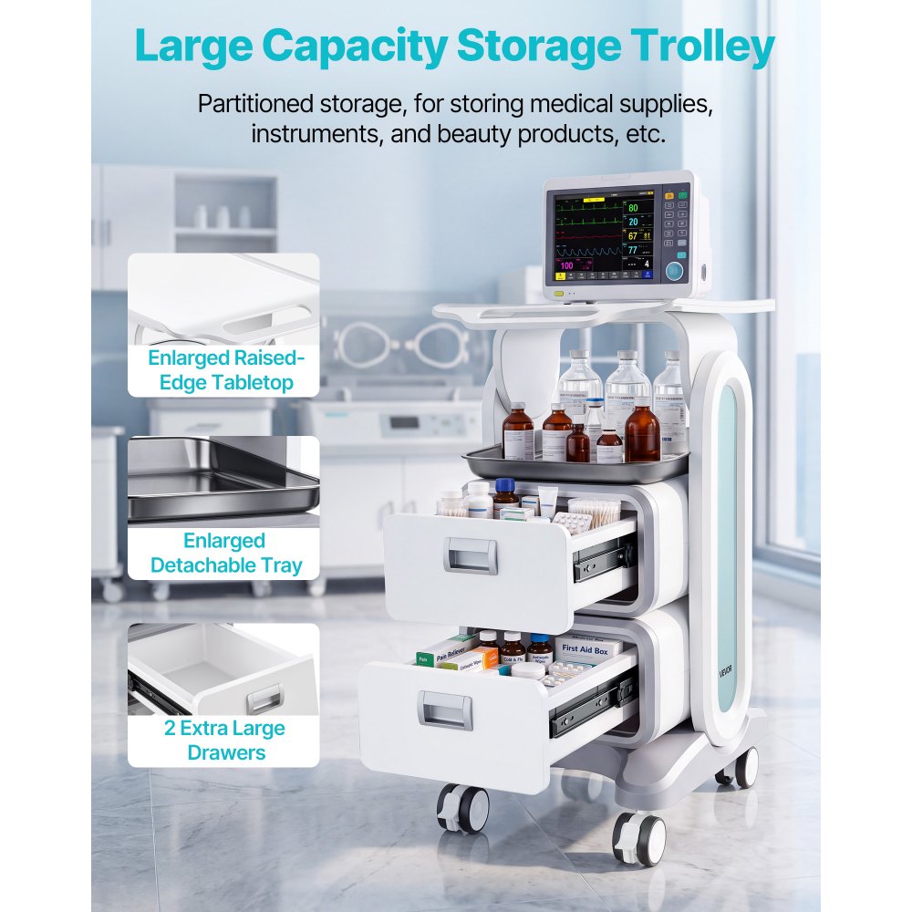 VEVOR Carrello da Laboratorio da 3 Ripiani, Carrello Portaoggetti Medico Mobile con 2 Cassetti 1 Vassoio, Carrello Servizio in Materiale ABS, con 4 Ruote per Laboratorio, Clinica, Ospedale, Salone