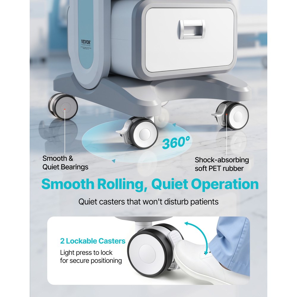 VEVOR Carrello da Laboratorio da 3 Ripiani, Carrello Portaoggetti Medico Mobile con 2 Cassetti 1 Vassoio, Carrello Servizio in Materiale ABS, con 4 Ruote per Laboratorio, Clinica, Ospedale, Salone