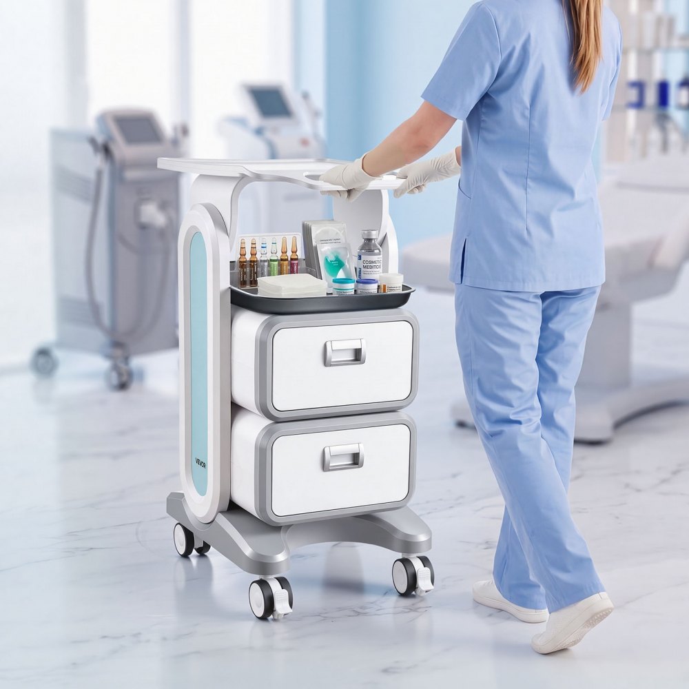 VEVOR Carrello da Laboratorio da 3 Ripiani, Carrello Portaoggetti Medico Mobile con 2 Cassetti 1 Vassoio, Carrello Servizio in Materiale ABS, con 4 Ruote per Laboratorio, Clinica, Ospedale, Salone