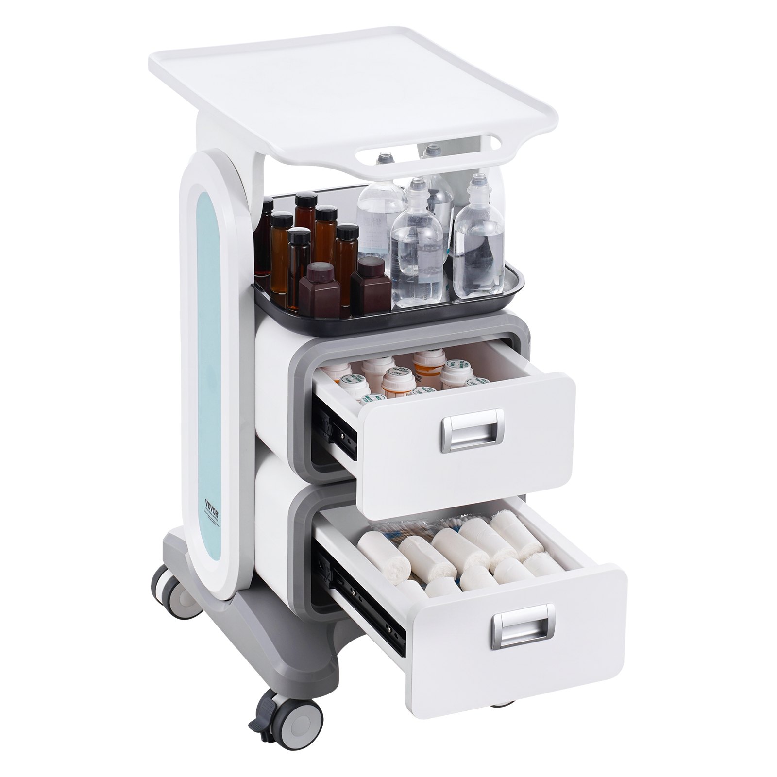 VEVOR 3-Tier Laboratory Trolley, 2 Drawers and 1 Top Shelf, Mobile Medical Trolley Made of ABS Material, Laboratory Trolley with 4 Quiet Wheels for Laboratory, Clinic, Hospital, Salon, White