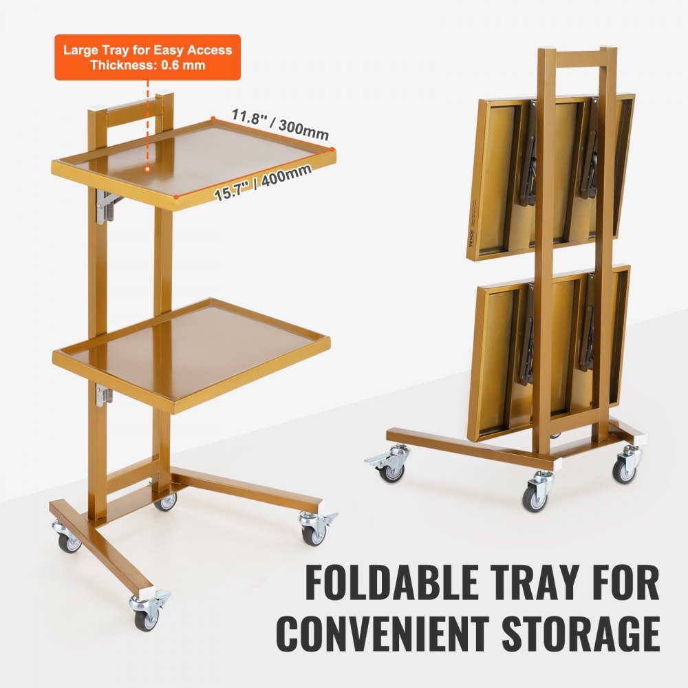 VEVOR Carrello da Laboratorio in Acciaio Inox 2 Ripiani, Carrello da Laboratorio Portaoggetti, Carrello Mobile con 4 Ruote, Carrello da Laboratorio per Clinica, Ospedale, Salone, Colore Dorato