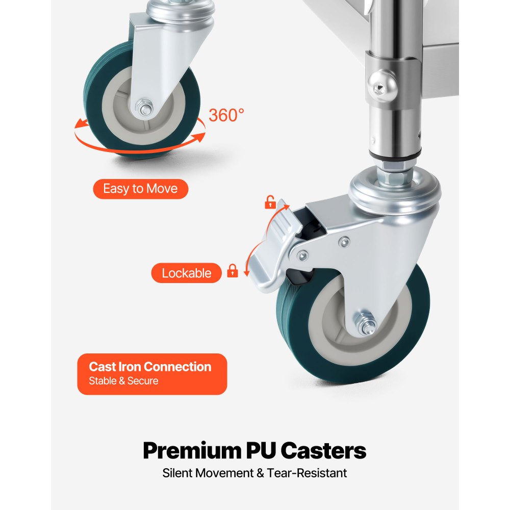 VEVOR Stainless Steel Cart, 2-Tier Rolling Lab Utility Cart with Lockable Wheels, Medical Serving Trolley Clinic Tray, Heavy Duty Mobile Service Storage Tray for Hospital, Restaurant, Kitchen, Salon