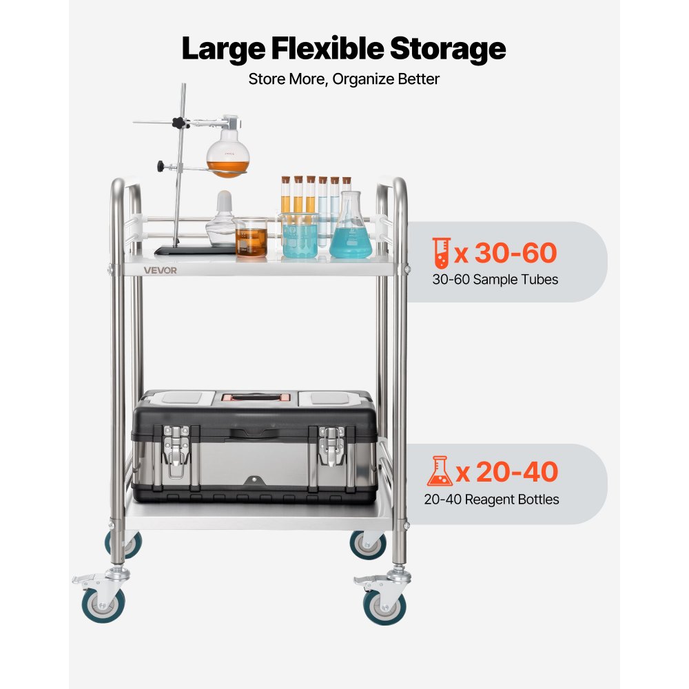 VEVOR Stainless Steel Cart, 2-Tier Rolling Lab Utility Cart with Lockable Wheels, Medical Serving Trolley Clinic Tray, Heavy Duty Mobile Service Storage Tray for Hospital, Restaurant, Kitchen, Salon