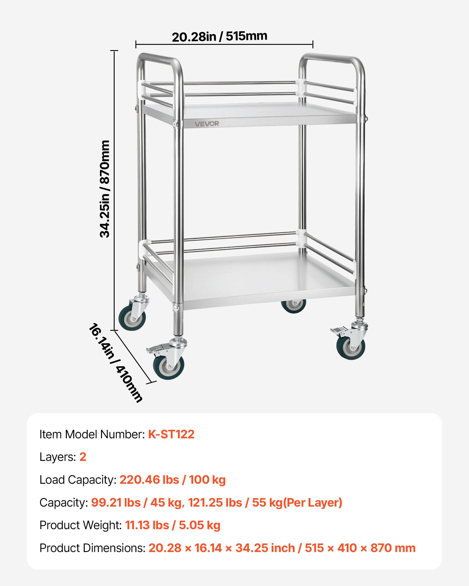 VEVOR Stainless Steel Cart, 2-Tier Rolling Lab Utility Cart with Lockable Wheels, Medical Serving Trolley Clinic Tray, Heavy Duty Mobile Service Storage Tray for Hospital, Restaurant, Kitchen, Salon