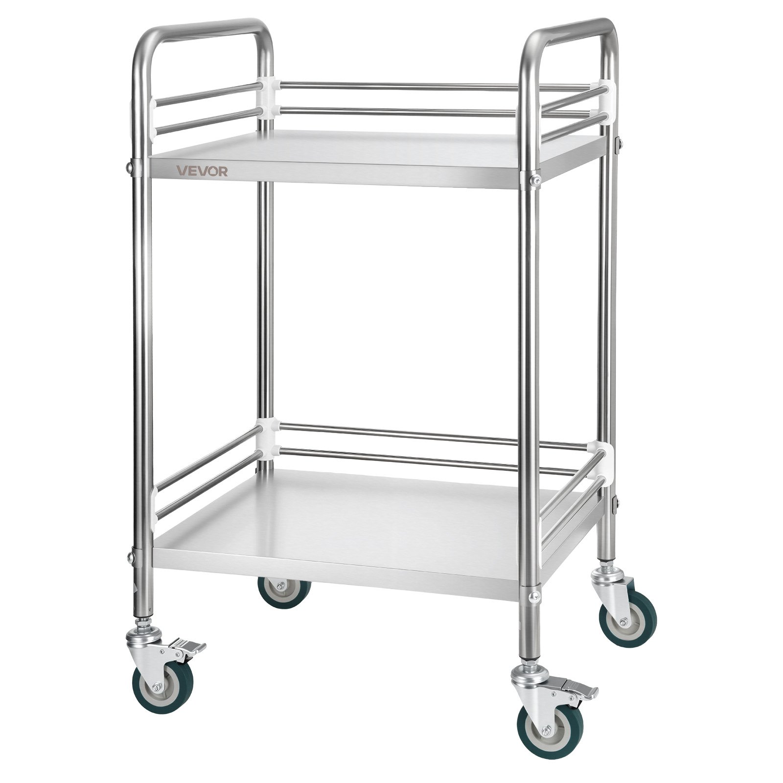 VEVOR Stainless Steel Cart, 2-Tier Rolling Lab Utility Cart with Lockable Wheels, Medical Serving Trolley Clinic Tray, Heavy Duty Mobile Service Storage Tray for Hospital, Restaurant, Kitchen, Salon