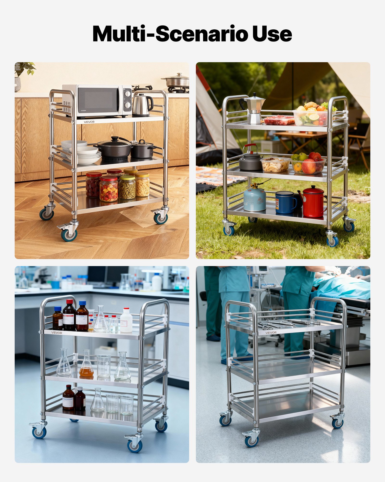 VEVOR Carrello da Laboratorio in Acciaio Inox a 3 Livelli con Ruote Bloccabili, Carrello per Servizio Medico, Vassoio per Clinica, Vassoio di Stoccaggio Mobile per Impieghi Gravosi per Ospedale