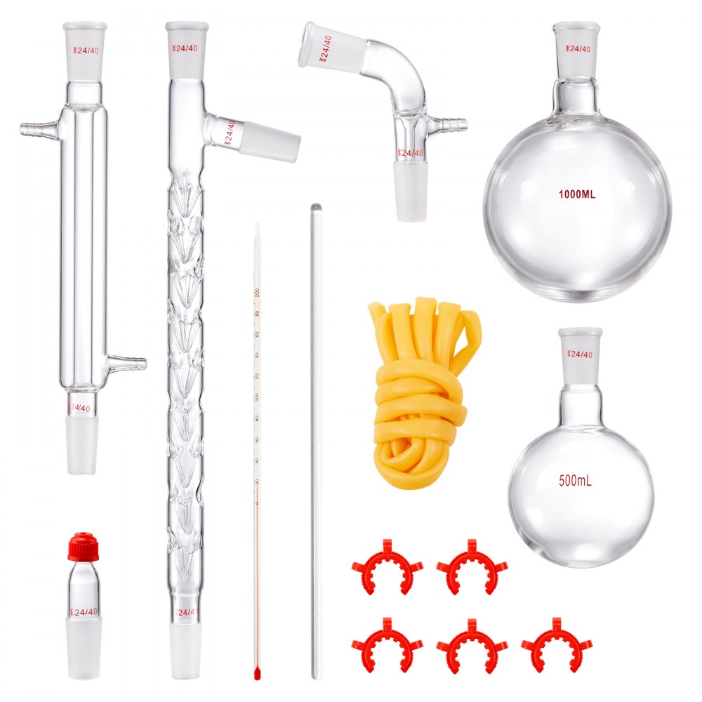 VEVOR Kit di distillazione da laboratorio, kit di distillazione per vetreria da laboratorio 3.3 Boro con 24, 40 giunti, kit di apparecchi per la distillazione di oli essenziali da 1000 ml, 14 pezzi