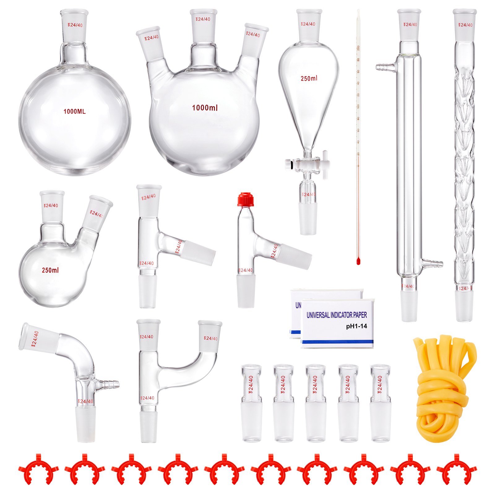 VEVOR Kit di distillazione da laboratorio, kit di distillazione 3.3 Boro con 24, 40 giunti, distillazione di oli essenziali da 1000 ml, set di attrezzature per vetreria da 29 pezzi
