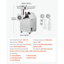 VEVOR Tritacarne Elettrico Capacità 4,17 kg/min n. 22, Tritacarne da Tavolo da 1100 W con Lama Piastra di Macinazione, Macchina per Salsicce Commerciale in Acciaio Inox per Cucina Ristorante Hotel