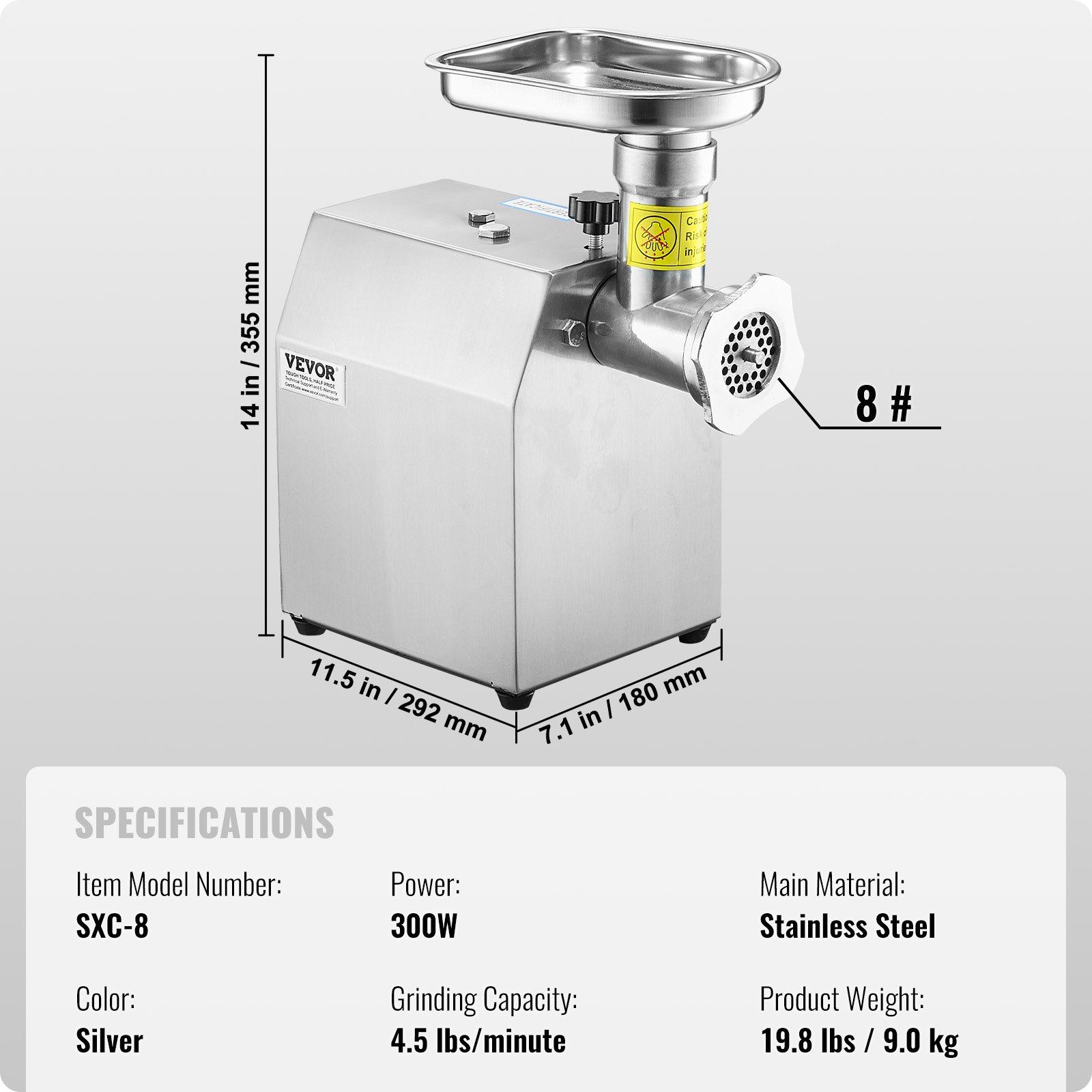 VEVOR Tritacarne Elettrico Efficienza 2,04 kg/min, Tritacarne Industriale da Banco con Lama Macchina per Salsicce con Piastra di Macinazione, Tritacarne Commerciale in Acciaio Inox Cucina Ristorante