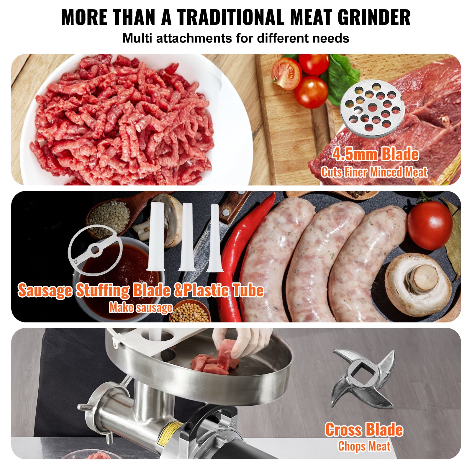 VEVOR Commercial Electric Meat Grinder Sausage Maker 6.35 kg/min. 750W, Industrial Meat Grinder with Blade & Grinding Plate, Multifunctional Stainless Steel Meat Grinder for Kitchen & Restaurant