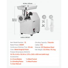 VEVOR Tritacarne Elettrico Capacità 3,18kg/min n. 12, Tritacarne da Tavolo da 850 W con Lama Piastra di Macinazione, Macchina per Salsicce Commerciale in Acciaio Inox per Cucina Ristorante Hotel