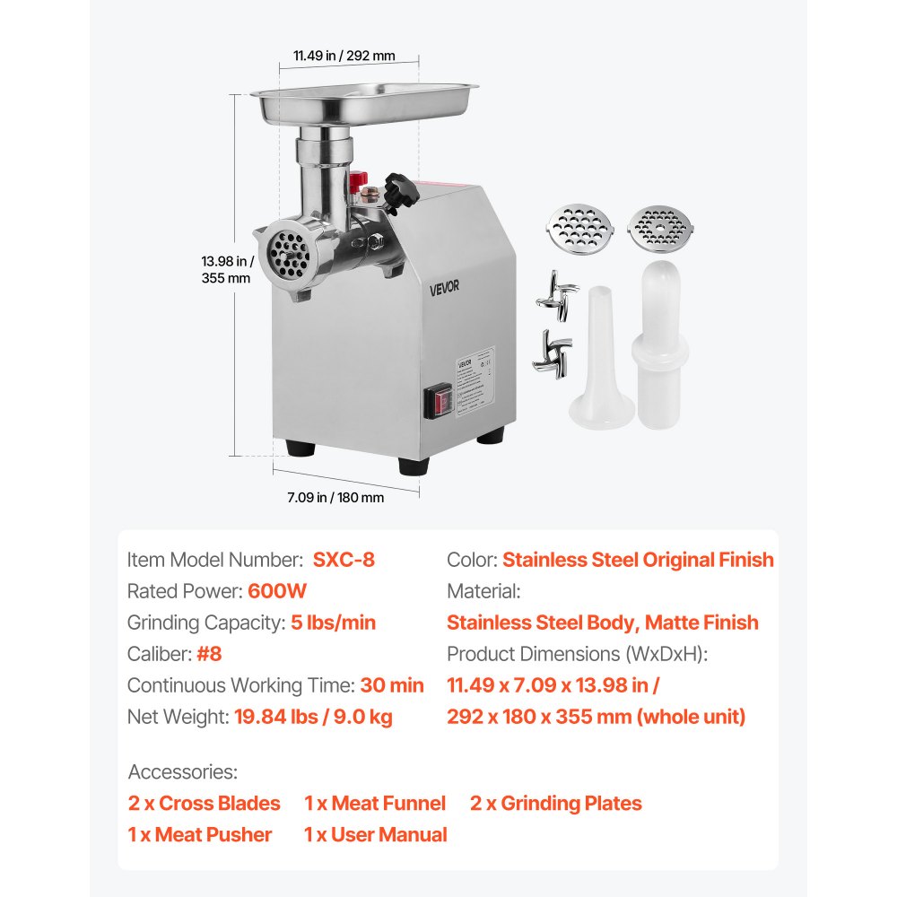 VEVOR Commercial Electric Meat Grinder, 2.27 kg/min Capacity, #8 Industrial Meat Mincer with 2 Stainless Steel Blades, 2 Grinding Plates, 600W Heavy-Duty Sausage Maker, for Kitchen, Restaurant