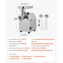 VEVOR Tritacarne Elettrico Commerciale Capacità 2,27 kg/min, Macchina Tritacarne n. 8 con 2 Lame in Acciaio Inox 2 Piastre di Macinazione, Salsicce da 600 W, per Cucina, Ristorante