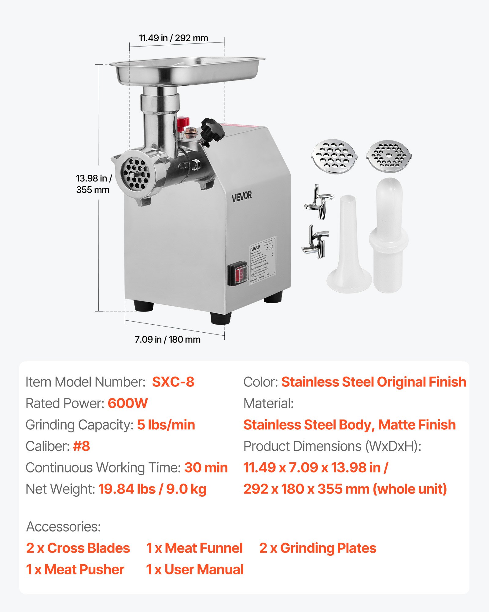VEVOR Commercial Electric Meat Grinder, 2.27 kg/min Capacity, #8 Industrial Meat Mincer with 2 Stainless Steel Blades, 2 Grinding Plates, 600W Heavy-Duty Sausage Maker, for Kitchen, Restaurant