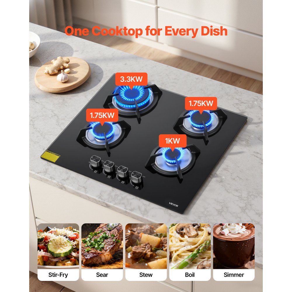 VEVOR Gas Cooktop, 600mm 4 Burners Gas Stove Top, Max 7.8kW Built-in Tempered Glass Stove Top LPG/NG Convertible Dual Fuel Cooktop Stoves with Thermocouple Protection for Sear, Stew, Boil
