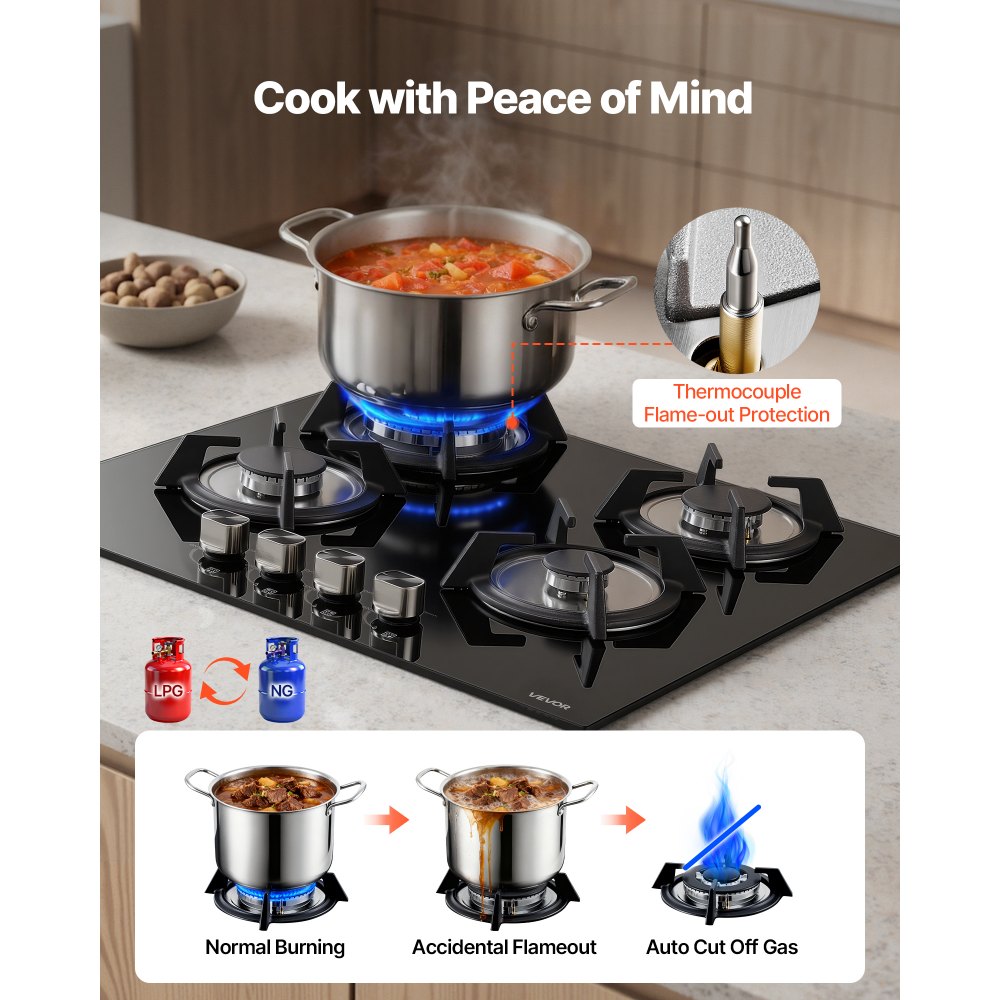VEVOR Gas Cooktop, 600mm 4 Burners Gas Stove Top, Max 7.8kW Built-in Tempered Glass Stove Top LPG/NG Convertible Dual Fuel Cooktop Stoves with Thermocouple Protection for Sear, Stew, Boil