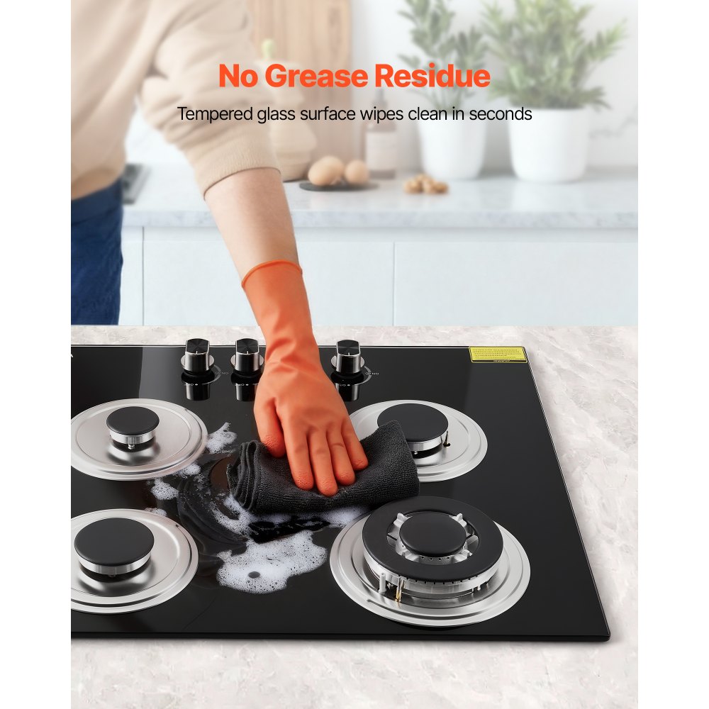 VEVOR Gas Cooktop, 600mm 4 Burners Gas Stove Top, Max 7.8kW Built-in Tempered Glass Stove Top LPG/NG Convertible Dual Fuel Cooktop Stoves with Thermocouple Protection for Sear, Stew, Boil