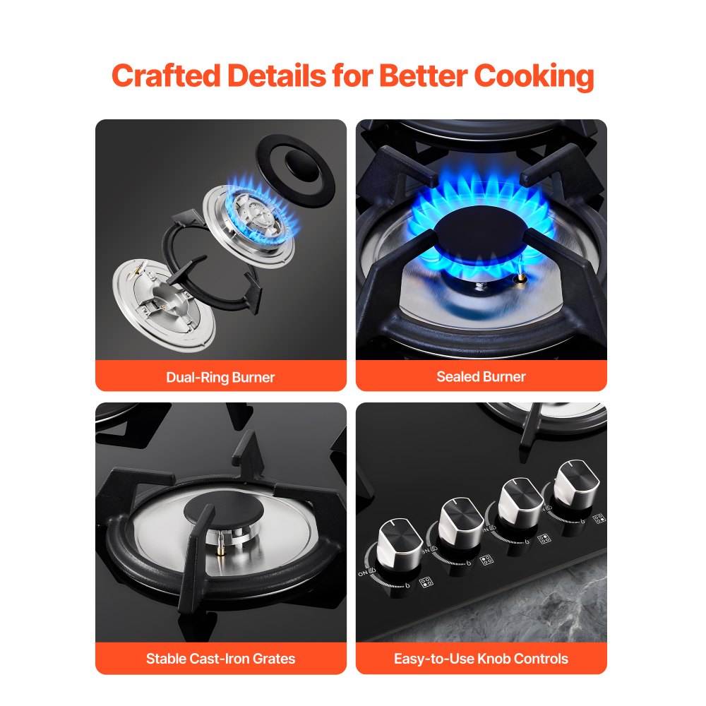VEVOR Gas Cooktop, 600mm 4 Burners Gas Stove Top, Max 7.8kW Built-in Tempered Glass Stove Top LPG/NG Convertible Dual Fuel Cooktop Stoves with Thermocouple Protection for Sear, Stew, Boil