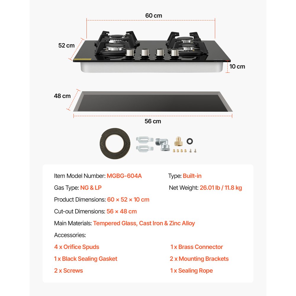 VEVOR Gas Cooktop, 600mm 4 Burners Gas Stove Top, Max 7.8kW Built-in Tempered Glass Stove Top LPG/NG Convertible Dual Fuel Cooktop Stoves with Thermocouple Protection for Sear, Stew, Boil