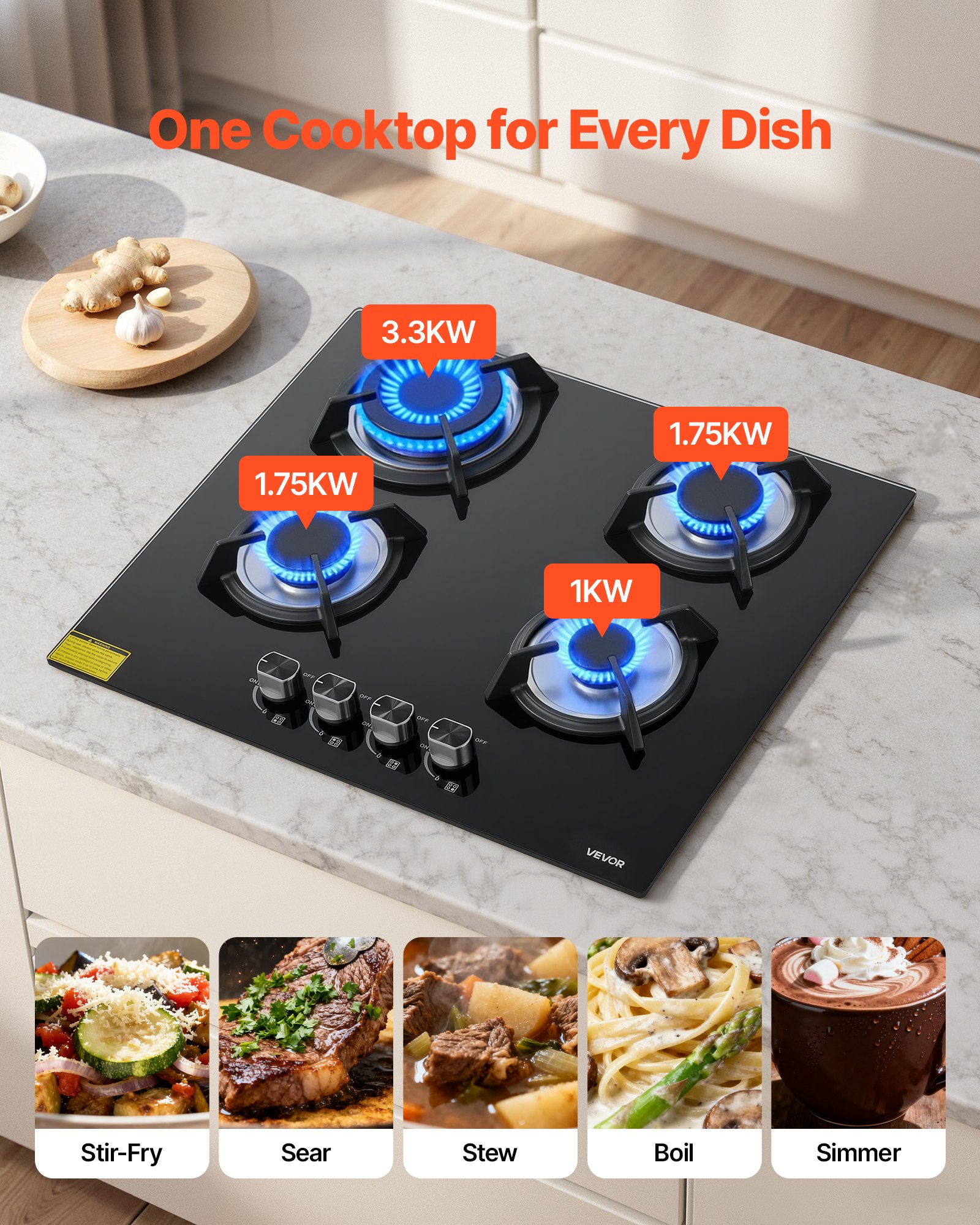VEVOR Gas Cooktop, 600mm 4 Burners Gas Stove Top, Max 7.8kW Built-in Tempered Glass Stove Top LPG/NG Convertible Dual Fuel Cooktop Stoves with Thermocouple Protection for Sear, Stew, Boil