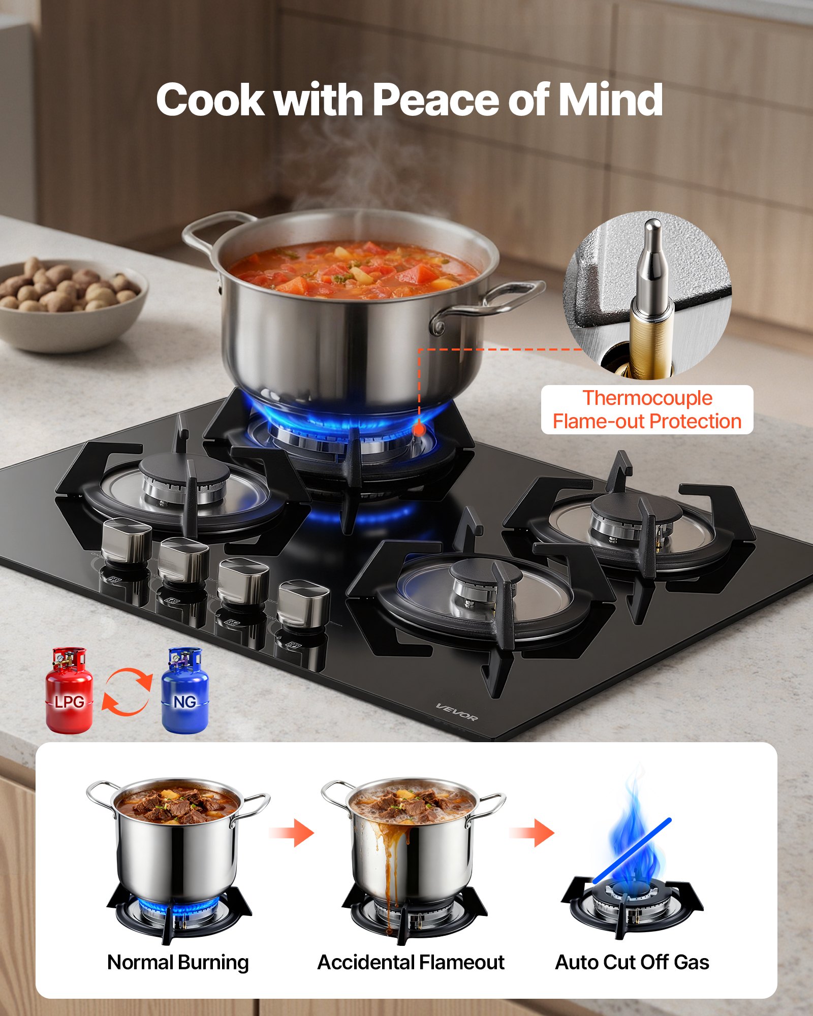 VEVOR Gas Cooktop, 600mm 4 Burners Gas Stove Top, Max 7.8kW Built-in Tempered Glass Stove Top LPG/NG Convertible Dual Fuel Cooktop Stoves with Thermocouple Protection for Sear, Stew, Boil