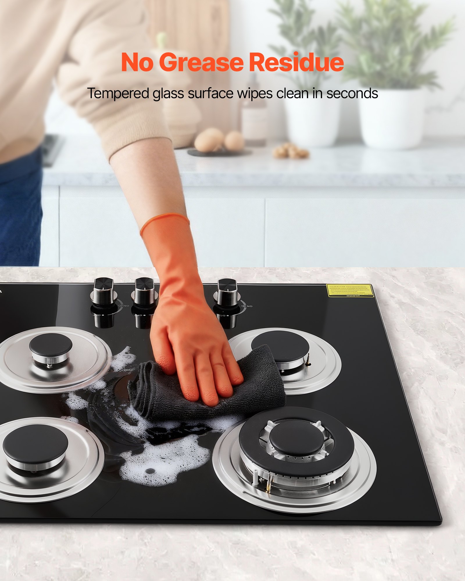 VEVOR Gas Cooktop, 600mm 4 Burners Gas Stove Top, Max 7.8kW Built-in Tempered Glass Stove Top LPG/NG Convertible Dual Fuel Cooktop Stoves with Thermocouple Protection for Sear, Stew, Boil