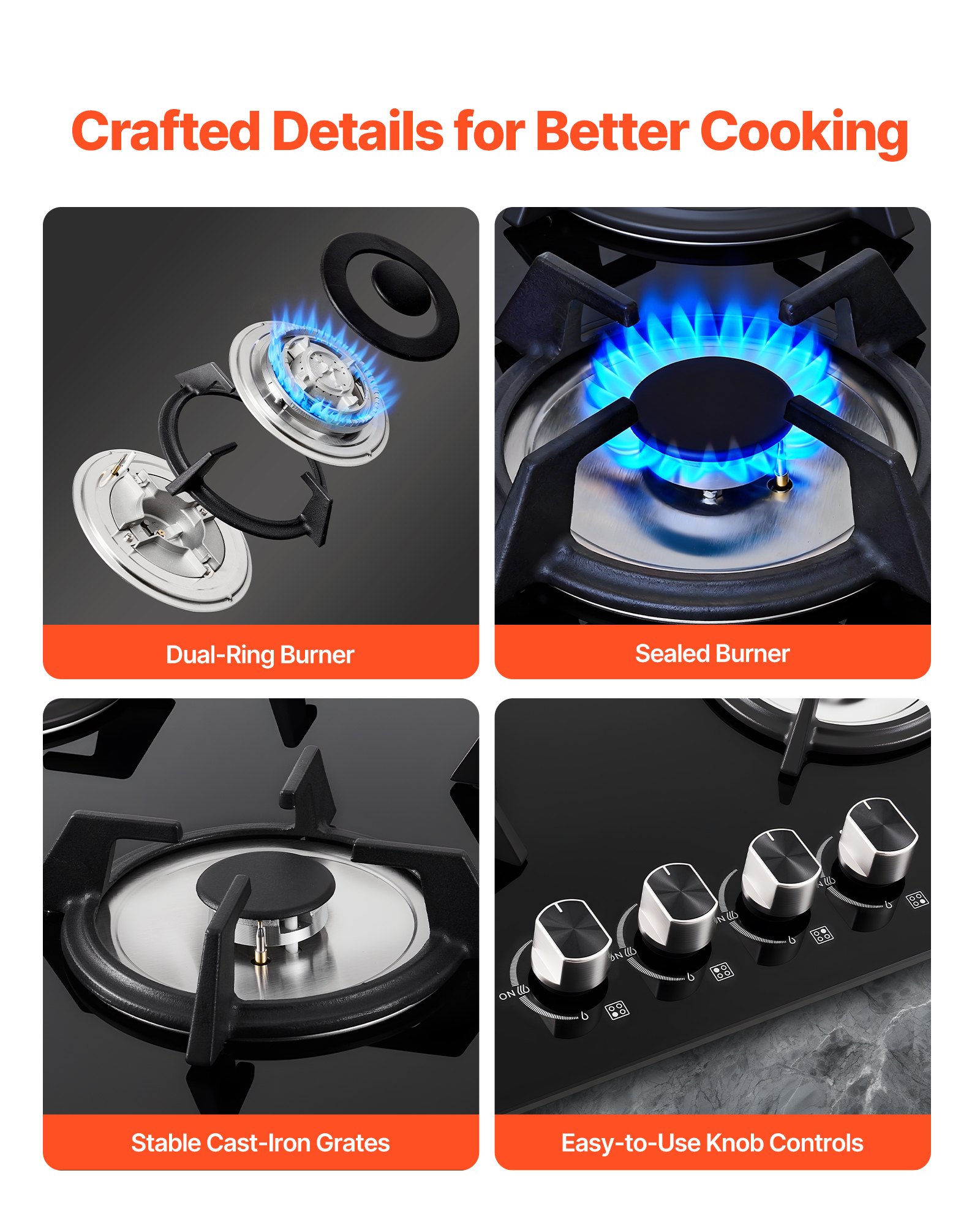 VEVOR Gas Cooktop, 600mm 4 Burners Gas Stove Top, Max 7.8kW Built-in Tempered Glass Stove Top LPG/NG Convertible Dual Fuel Cooktop Stoves with Thermocouple Protection for Sear, Stew, Boil