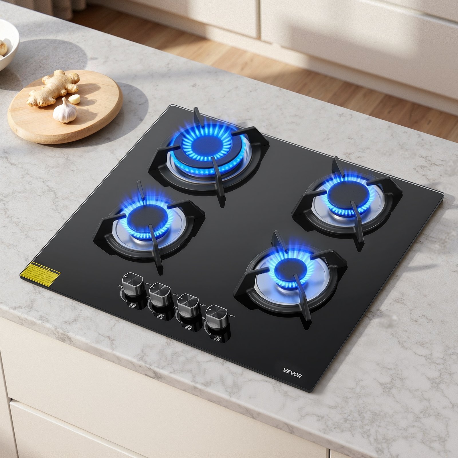 VEVOR Gas Cooktop, 600mm 4 Burners Gas Stove Top, Max 7.8kW Built-in Tempered Glass Stove Top LPG/NG Convertible Dual Fuel Cooktop Stoves with Thermocouple Protection for Sear, Stew, Boil