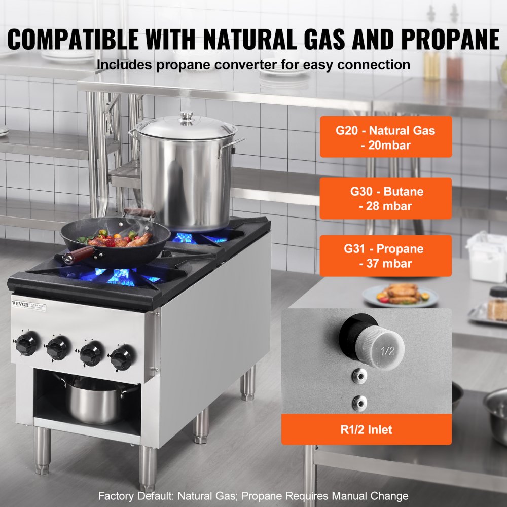 VEVOR Cucina a Gas Commerciale con 2 Bruciatori, Piano Cottura a Gas Propano e Naturale, Piastra Riscaldante a Gas in Acciaio Inossidabile, Attrezzatura da Cucina Commerciale per Ristoranti, 52 KW