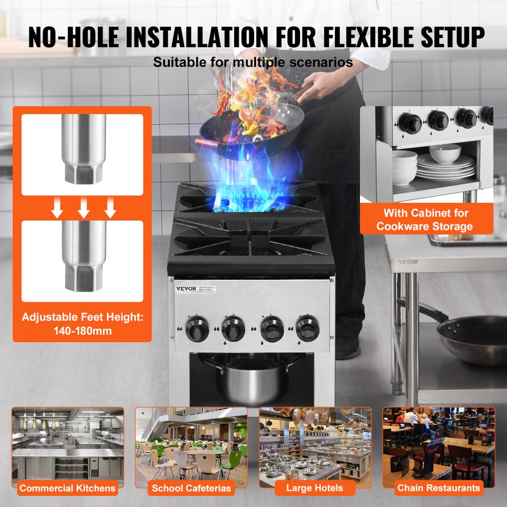 VEVOR Cucina a Gas Commerciale con 2 Bruciatori, Piano Cottura a Gas Propano e Naturale, Piastra Riscaldante a Gas in Acciaio Inossidabile, Attrezzatura da Cucina Commerciale per Ristoranti, 52 KW