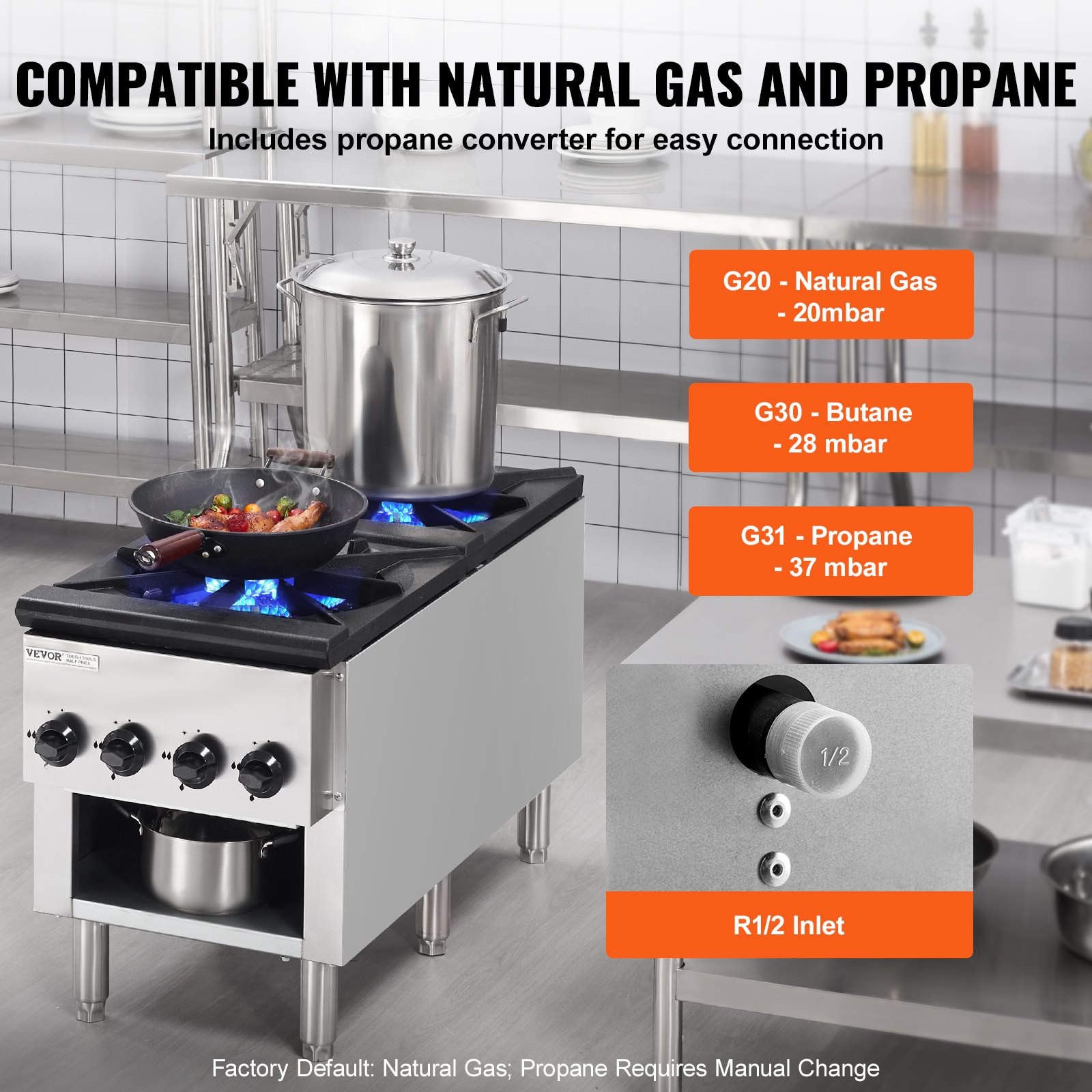 VEVOR Cucina a Gas Commerciale con 2 Bruciatori, Piano Cottura a Gas Propano e Naturale, Piastra Riscaldante a Gas in Acciaio Inossidabile, Attrezzatura da Cucina Commerciale per Ristoranti, 52 KW