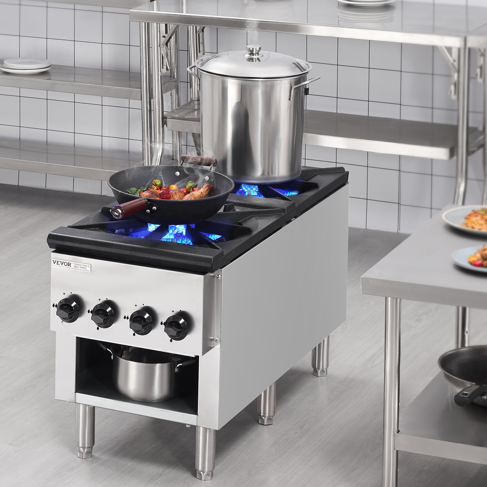 VEVOR Cucina a Gas Commerciale con 2 Bruciatori, Piano Cottura a Gas Propano e Naturale, Piastra Riscaldante a Gas in Acciaio Inossidabile, Attrezzatura da Cucina Commerciale per Ristoranti, 52 KW