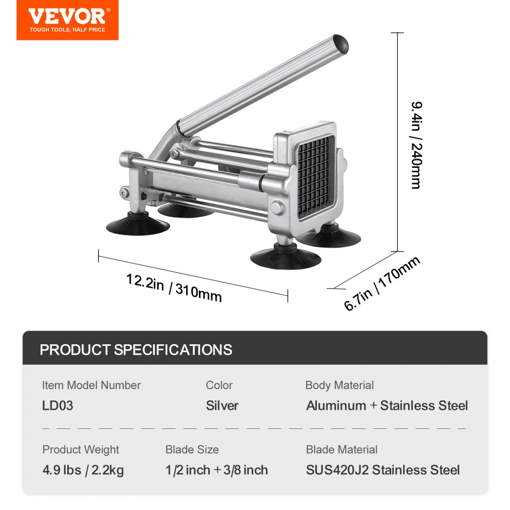 VEVOR Tagliapatatine Fritte 310 x 170 x 240 mm Affettatrice per Patate con Lame in Acciaio Inossidabile 12,7 mm 9,52 mm Tagliapatate Manuale con Ventose, per Patate, Patatine Fritte, Verdure, Argento