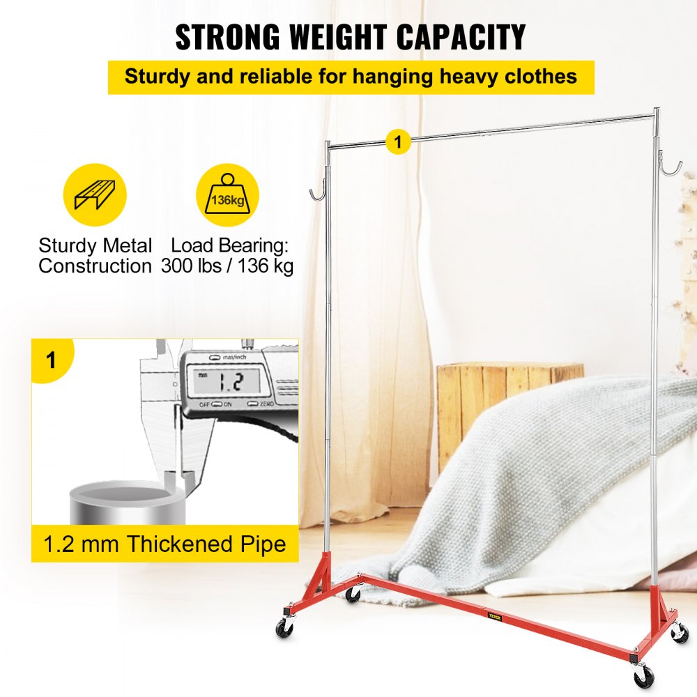 VEVOR Supporto Appendiabiti Base Forma Z 60x159x215 cm Appendiabiti con Ruote Bloccabile Colore Rosso Stendino Appendiabiti Singolo Altezza Regolabile